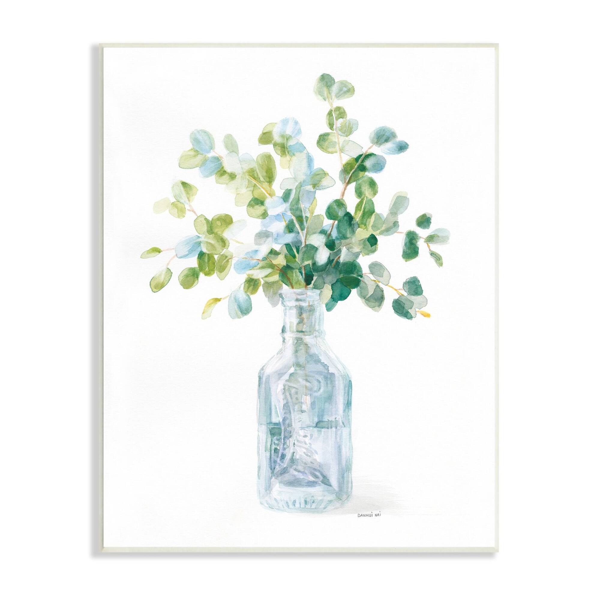Stupell Industries Flower Jar Still Life Green Blue Painting Wood Wall Plaque